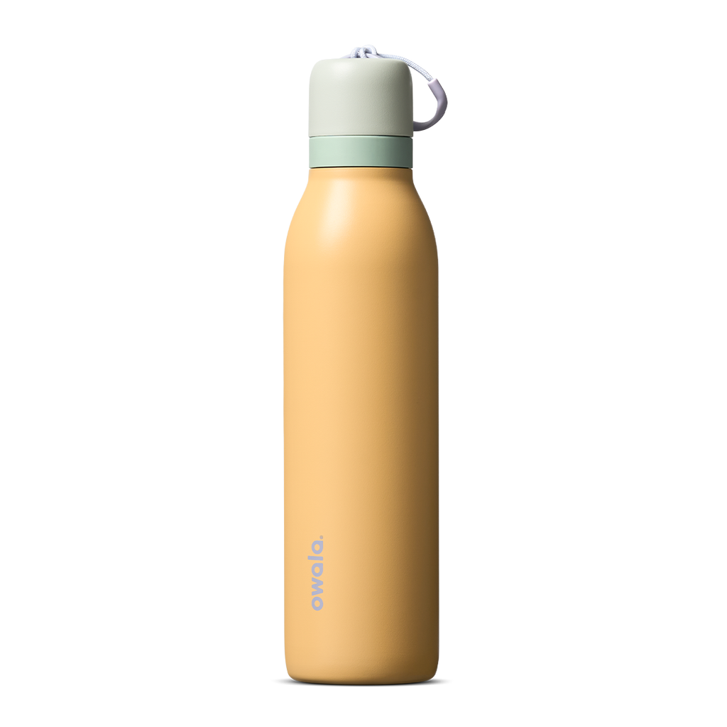 FreeSip Twist 24oz, coral pink body with orange-red lid and purple band; slim insulated bottle