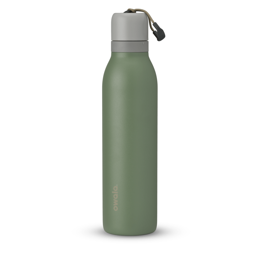 FreeSip Twist 24oz, coral pink body with orange-red lid and purple band; slim insulated bottle